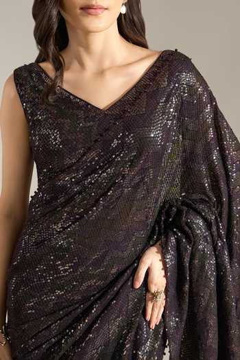 Nakul Sen Purple Silk, Chiffon V-neck Mahogany Sequin Saree With Blouse at Aza Fashions Nakul Sen_Purple Silk, Chiffon V-neck Mahogany Sequin Saree With Blouse _at_Aza_Fashions