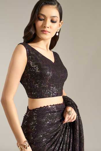 Buy Nakul Sen Purple Silk, Chiffon V-neck Mahogany Sequin Saree With Blouse Buy_Nakul Sen_Purple Silk, Chiffon V-neck Mahogany Sequin Saree With Blouse