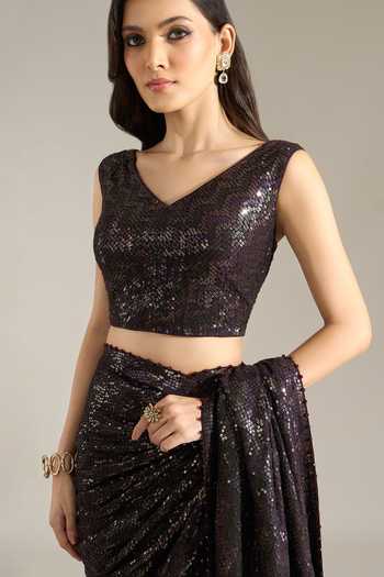 Shop Nakul Sen Purple Silk, Chiffon V-neck Mahogany Sequin Saree With Blouse Shop_Nakul Sen_Purple Silk, Chiffon V-neck Mahogany Sequin Saree With Blouse