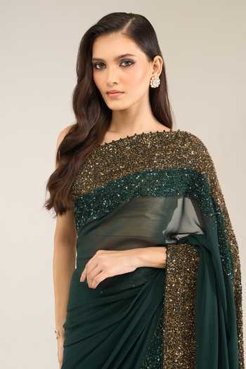 Buy Nakul Sen Green Silk, Chiffon Sequinned Saree With Unstitched Blouse Piece Online at Aza Fashions Buy_Nakul Sen_Green Silk, Chiffon Sequinned Saree With Unstitched Blouse Piece _Online_at_Aza_Fashions