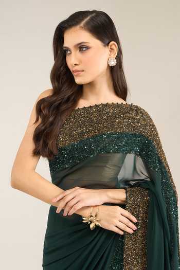 Shop Nakul Sen Green Silk, Chiffon Sequinned Saree With Unstitched Blouse Piece Online at Aza Fashions Shop_Nakul Sen_Green Silk, Chiffon Sequinned Saree With Unstitched Blouse Piece _Online_at_Aza_Fashions