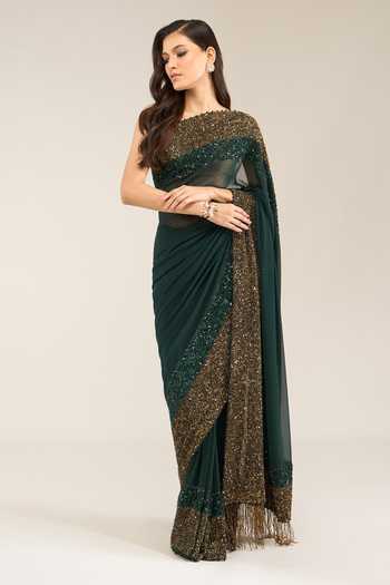 Nakul Sen Green Silk, Chiffon Sequinned Saree With Unstitched Blouse Piece at Aza Fashions Nakul Sen_Green Silk, Chiffon Sequinned Saree With Unstitched Blouse Piece _at_Aza_Fashions
