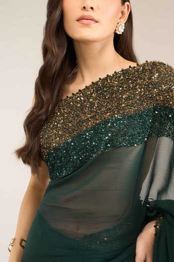 Buy Nakul Sen Green Silk, Chiffon Sequinned Saree With Unstitched Blouse Piece Buy_Nakul Sen_Green Silk, Chiffon Sequinned Saree With Unstitched Blouse Piece