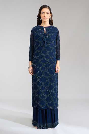 Buy Nakul Sen Blue Sequins Round Neck, Keyhole Neck, Yes Scalloped Kurta Palazzo Set Online at Aza Fashions Buy_Nakul Sen_Blue Sequins Round Neck, Keyhole Neck, Yes Scalloped Kurta Palazzo Set _Online_at_Aza_Fashions
