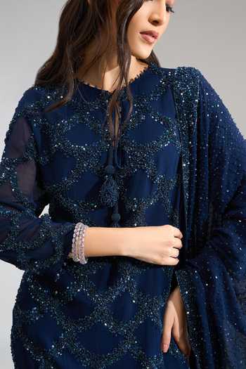 Nakul Sen Blue Sequins Round Neck, Keyhole Neck, Yes Scalloped Kurta Palazzo Set at Aza Fashions Nakul Sen_Blue Sequins Round Neck, Keyhole Neck, Yes Scalloped Kurta Palazzo Set _at_Aza_Fashions