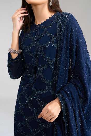 Buy Nakul Sen Blue Sequins Round Neck, Keyhole Neck, Yes Scalloped Kurta Palazzo Set Buy_Nakul Sen_Blue Sequins Round Neck, Keyhole Neck, Yes Scalloped Kurta Palazzo Set