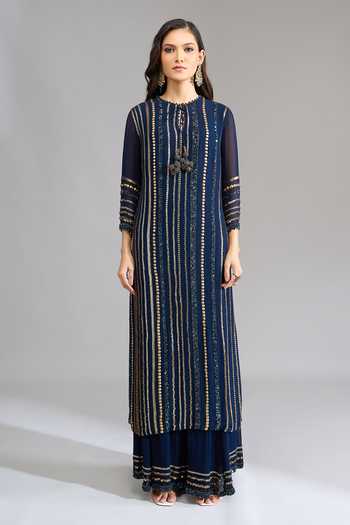 Buy Nakul Sen Blue Sequins Round Neck, Keyhole Neck, Yes Linear Embroidered Kurta Palazzo Set Online at Aza Fashions Buy_Nakul Sen_Blue Sequins Round Neck, Keyhole Neck, Yes Linear Embroidered Kurta Palazzo Set _Online_at_Aza_Fashions