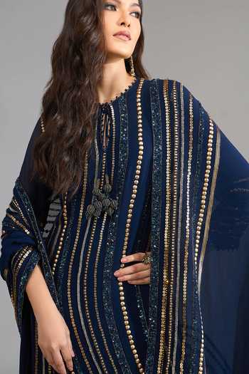 Shop Nakul Sen Blue Sequins Round Neck, Keyhole Neck, Yes Linear Embroidered Kurta Palazzo Set Online at Aza Fashions Shop_Nakul Sen_Blue Sequins Round Neck, Keyhole Neck, Yes Linear Embroidered Kurta Palazzo Set _Online_at_Aza_Fashions