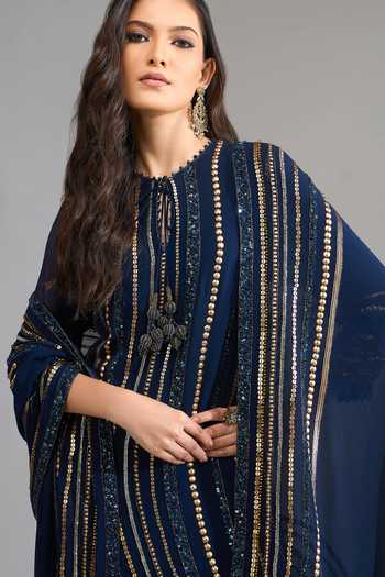 Nakul Sen Blue Sequins Round Neck, Keyhole Neck, Yes Linear Embroidered Kurta Palazzo Set at Aza Fashions Nakul Sen_Blue Sequins Round Neck, Keyhole Neck, Yes Linear Embroidered Kurta Palazzo Set _at_Aza_Fashions