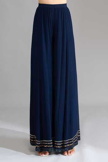 Buy Nakul Sen Blue Sequins Round Neck, Keyhole Neck, Yes Linear Embroidered Kurta Palazzo Set Buy_Nakul Sen_Blue Sequins Round Neck, Keyhole Neck, Yes Linear Embroidered Kurta Palazzo Set