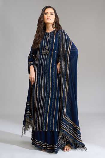 Shop Nakul Sen Blue Sequins Round Neck, Keyhole Neck, Yes Linear Embroidered Kurta Palazzo Set Shop_Nakul Sen_Blue Sequins Round Neck, Keyhole Neck, Yes Linear Embroidered Kurta Palazzo Set