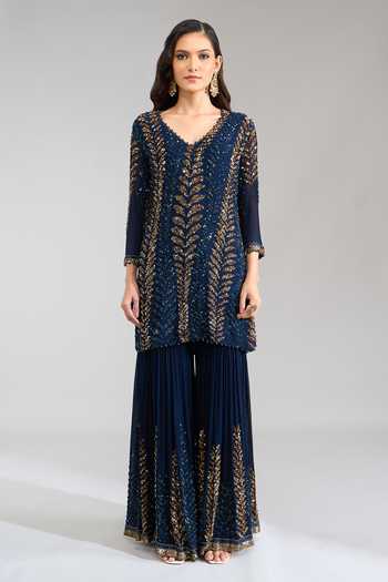 Buy Nakul Sen Blue V-neck, Yes Sequin Embroidered Kurta Gharara Set Online at Aza Fashions Buy_Nakul Sen_Blue V-neck, Yes Sequin Embroidered Kurta Gharara Set _Online_at_Aza_Fashions