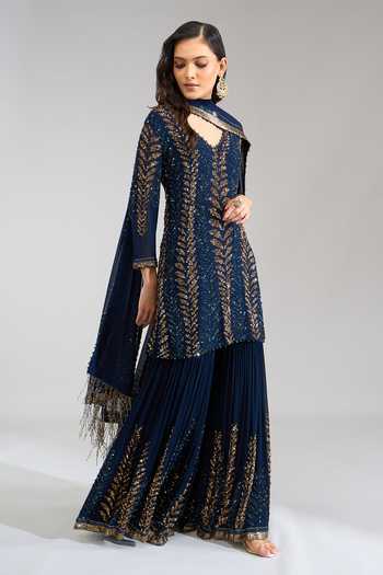 Shop Nakul Sen Blue V-neck, Yes Sequin Embroidered Kurta Gharara Set Online at Aza Fashions Shop_Nakul Sen_Blue V-neck, Yes Sequin Embroidered Kurta Gharara Set _Online_at_Aza_Fashions