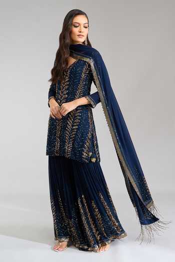 Shop Nakul Sen Blue V-neck, Yes Sequin Embroidered Kurta Gharara Set Shop_Nakul Sen_Blue V-neck, Yes Sequin Embroidered Kurta Gharara Set