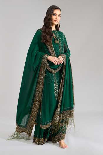 Shop Nakul Sen Emerald Green Sequins Keyhole Neck Embroidered Kurta Palazzo Set Online at Aza Fashions Shop_Nakul Sen_Emerald Green Sequins Keyhole Neck Embroidered Kurta Palazzo Set _Online_at_Aza_Fashions