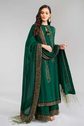 Nakul Sen Emerald Green Sequins Keyhole Neck Embroidered Kurta Palazzo Set at Aza Fashions Nakul Sen_Emerald Green Sequins Keyhole Neck Embroidered Kurta Palazzo Set _at_Aza_Fashions