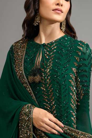 Buy Nakul Sen Emerald Green Sequins Keyhole Neck Embroidered Kurta Palazzo Set Buy_Nakul Sen_Emerald Green Sequins Keyhole Neck Embroidered Kurta Palazzo Set