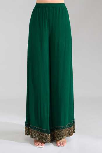 Shop Nakul Sen Emerald Green Sequins Keyhole Neck Embroidered Kurta Palazzo Set Shop_Nakul Sen_Emerald Green Sequins Keyhole Neck Embroidered Kurta Palazzo Set