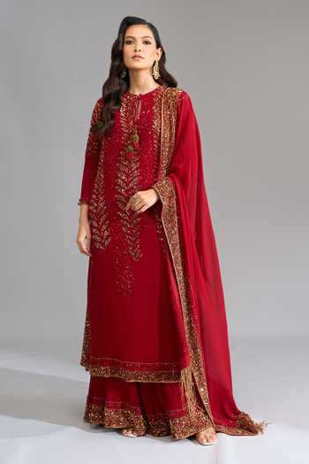 Shop Nakul Sen Red Sequins Keyhole Neck, Yes Leafy Embroidered Kurta Palazzo Set Online at Aza Fashions Shop_Nakul Sen_Red Sequins Keyhole Neck, Yes Leafy Embroidered Kurta Palazzo Set _Online_at_Aza_Fashions