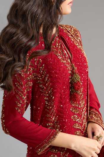 Nakul Sen Red Sequins Keyhole Neck, Yes Leafy Embroidered Kurta Palazzo Set at Aza Fashions Nakul Sen_Red Sequins Keyhole Neck, Yes Leafy Embroidered Kurta Palazzo Set _at_Aza_Fashions