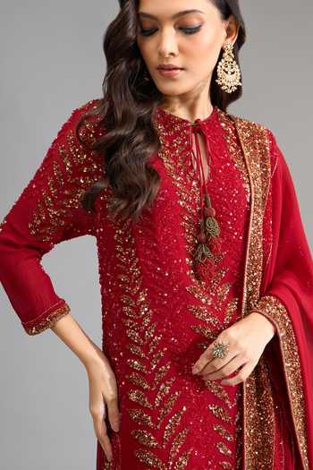 Buy Nakul Sen Red Sequins Keyhole Neck, Yes Leafy Embroidered Kurta Palazzo Set Buy_Nakul Sen_Red Sequins Keyhole Neck, Yes Leafy Embroidered Kurta Palazzo Set