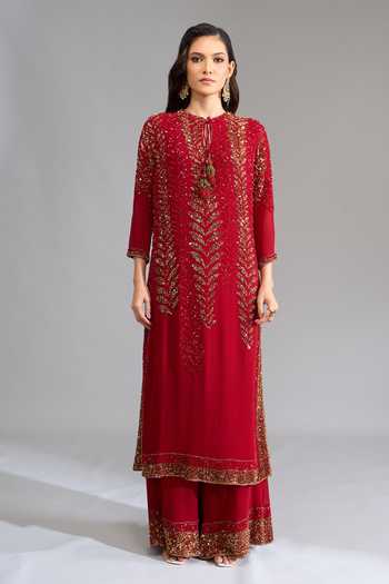 Shop Nakul Sen Red Sequins Keyhole Neck, Yes Leafy Embroidered Kurta Palazzo Set Shop_Nakul Sen_Red Sequins Keyhole Neck, Yes Leafy Embroidered Kurta Palazzo Set