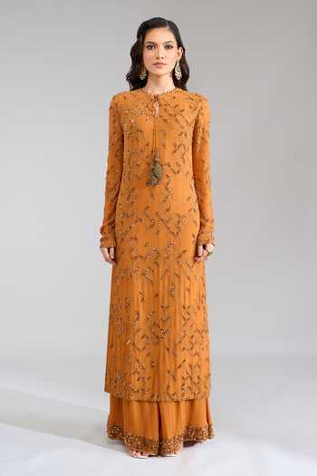 Buy Nakul Sen Orange Round Neck Embroidered Long Straight Kurta Palazzo Set Online at Aza Fashions Buy_Nakul Sen_Orange Round Neck Embroidered Long Straight Kurta Palazzo Set _Online_at_Aza_Fashions