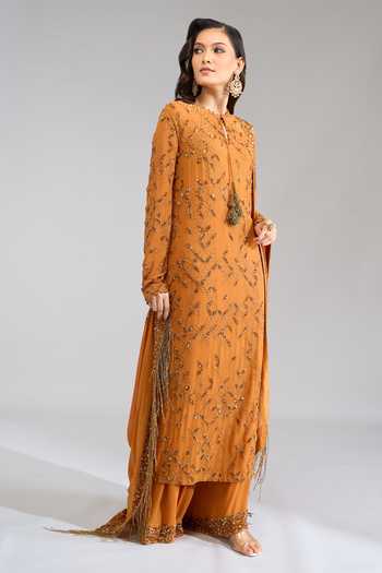 Shop Nakul Sen Orange Round Neck Embroidered Long Straight Kurta Palazzo Set Online at Aza Fashions Shop_Nakul Sen_Orange Round Neck Embroidered Long Straight Kurta Palazzo Set _Online_at_Aza_Fashions