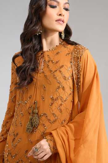 Buy Nakul Sen Orange Round Neck Embroidered Long Straight Kurta Palazzo Set Buy_Nakul Sen_Orange Round Neck Embroidered Long Straight Kurta Palazzo Set