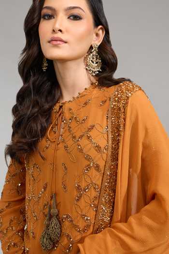 Shop Nakul Sen Orange Round Neck Embroidered Long Straight Kurta Palazzo Set Shop_Nakul Sen_Orange Round Neck Embroidered Long Straight Kurta Palazzo Set