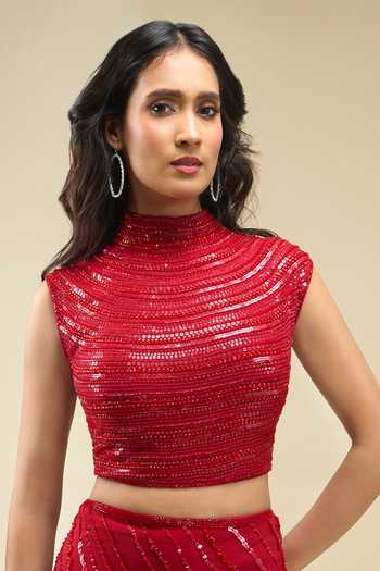 Buy Nakul Sen Red Halter Neck Sequinned Saree With Blouse Online at Aza Fashions Buy_Nakul Sen_Red Halter Neck Sequinned Saree With Blouse _Online_at_Aza_Fashions