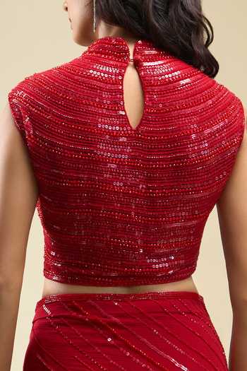 Shop Nakul Sen Red Halter Neck Sequinned Saree With Blouse Online at Aza Fashions Shop_Nakul Sen_Red Halter Neck Sequinned Saree With Blouse _Online_at_Aza_Fashions