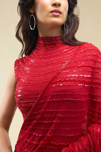 Nakul Sen Red Halter Neck Sequinned Saree With Blouse at Aza Fashions Nakul Sen_Red Halter Neck Sequinned Saree With Blouse _at_Aza_Fashions