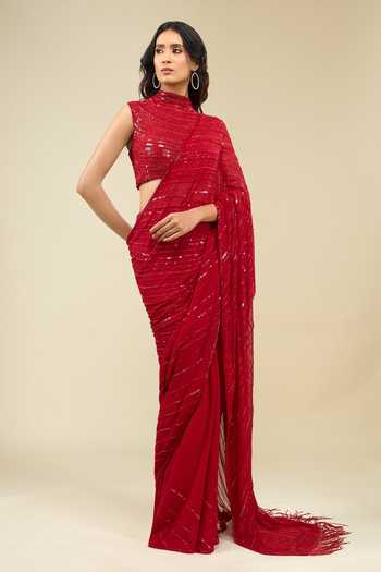 Buy Nakul Sen Red Halter Neck Sequinned Saree With Blouse Buy_Nakul Sen_Red Halter Neck Sequinned Saree With Blouse