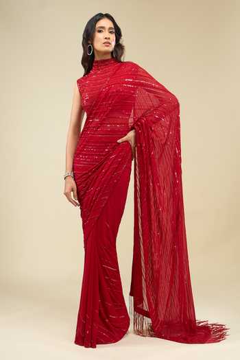 Shop Nakul Sen Red Halter Neck Sequinned Saree With Blouse Shop_Nakul Sen_Red Halter Neck Sequinned Saree With Blouse
