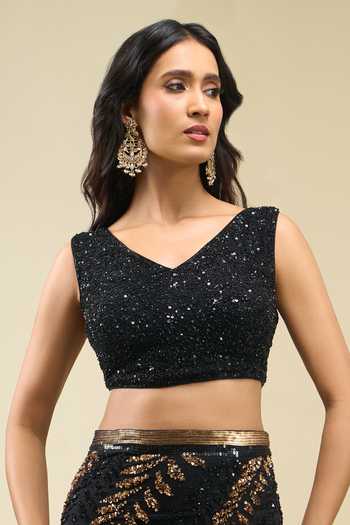 Buy Nakul Sen Black V-neck Leafy Sequin Saree With Blouse Online at Aza Fashions Buy_Nakul Sen_Black V-neck Leafy Sequin Saree With Blouse _Online_at_Aza_Fashions