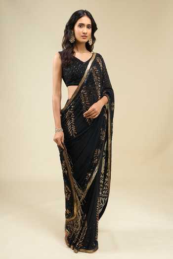 Shop Nakul Sen Black V-neck Leafy Sequin Saree With Blouse Online at Aza Fashions Shop_Nakul Sen_Black V-neck Leafy Sequin Saree With Blouse _Online_at_Aza_Fashions