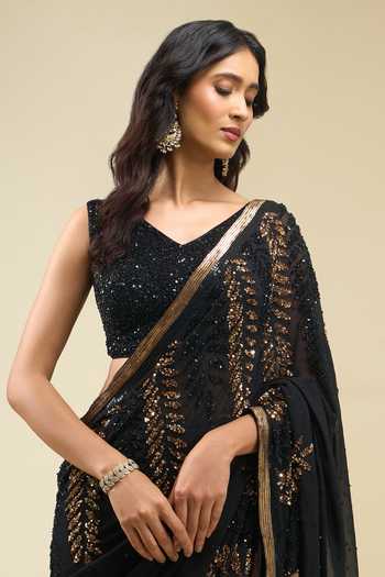Nakul Sen Black V-neck Leafy Sequin Saree With Blouse at Aza Fashions Nakul Sen_Black V-neck Leafy Sequin Saree With Blouse _at_Aza_Fashions