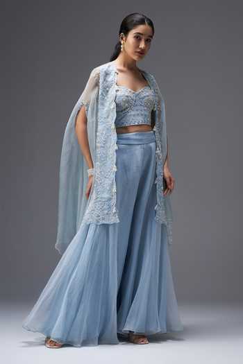 Aaroh By Dolly Blue Silk Organza, Tulle Frosted Whispers Embroidered Cape Sharara Set Online at Aza Fashions Aaroh By Dolly_Blue Silk Organza, Tulle Frosted Whispers Embroidered Cape Sharara Set _Online_at_Aza_Fashions