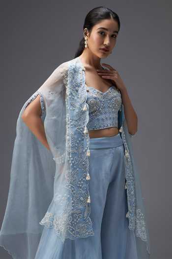 Shop Aaroh By Dolly Blue Silk Organza, Tulle Frosted Whispers Embroidered Cape Sharara Set Online at Aza Fashions Shop_Aaroh By Dolly_Blue Silk Organza, Tulle Frosted Whispers Embroidered Cape Sharara Set _Online_at_Aza_Fashions