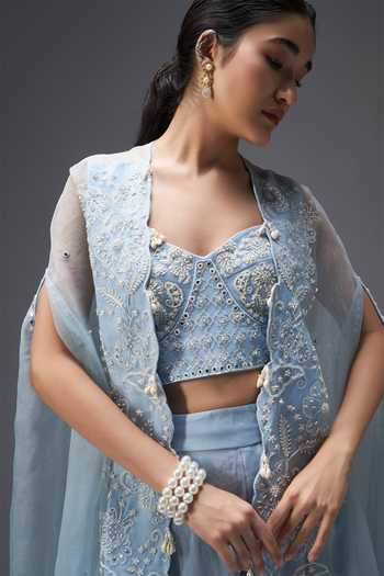 Aaroh By Dolly Blue Silk Organza, Tulle Frosted Whispers Embroidered Cape Sharara Set at Aza Fashions Aaroh By Dolly_Blue Silk Organza, Tulle Frosted Whispers Embroidered Cape Sharara Set _at_Aza_Fashions
