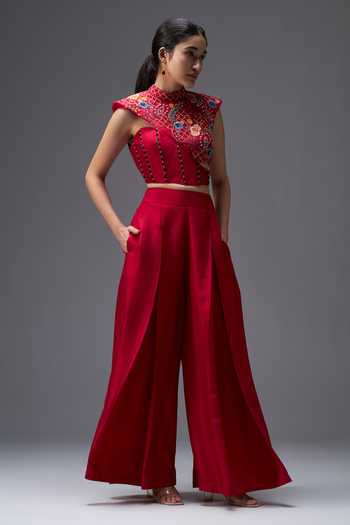 Aaroh By Dolly Red Silk, Dupion Mandarin Collar Ratan Mahal Embroidered Top And Pant Set at Aza Fashions Aaroh By Dolly_Red Silk, Dupion Mandarin Collar Ratan Mahal Embroidered Top And Pant Set _at_Aza_Fashions