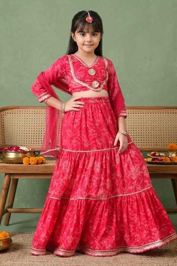 Buy_Petite Pomme_Red Cotton, Net Printed Tiered Lehenga Set _Online_at_Aza_Fashions
