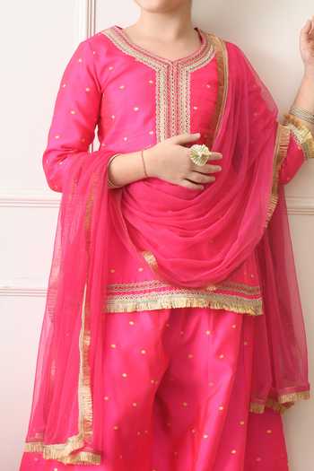 Petite Pomme Pink Cotton, Net Dot Woven Kurta Set Online at Aza Fashions Petite Pomme_Pink Cotton, Net Dot Woven Kurta Set _Online_at_Aza_Fashions