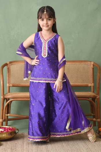 Buy_Petite Pomme_Purple Cotton, Net Polka Dots Pattern Kurta Palazzo Set _Online_at_Aza_Fashions