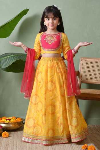 Buy_Petite Pomme_Yellow Cotton, Net, Polyester Bandhani Print Lehenga Blouse Set _Online_at_Aza_Fashions