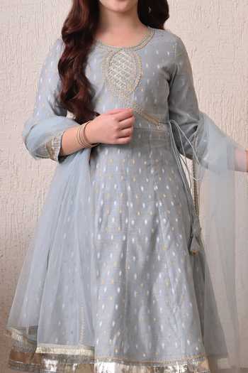 Petite Pomme Grey Polyester Dot Woven Anarkali Set Online at Aza Fashions Petite Pomme_Grey Polyester Dot Woven Anarkali Set _Online_at_Aza_Fashions