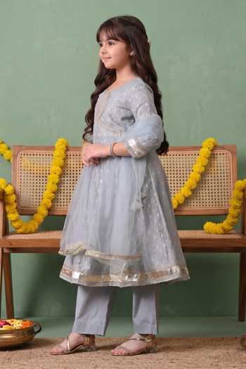 Buy Petite Pomme Grey Polyester Dot Woven Anarkali Set Online at Aza Fashions Buy_Petite Pomme_Grey Polyester Dot Woven Anarkali Set _Online_at_Aza_Fashions