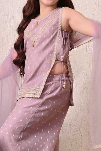 Petite Pomme Purple Cotton, Net Woven Kurta Palazzo Set Online at Aza Fashions Petite Pomme_Purple Cotton, Net Woven Kurta Palazzo Set _Online_at_Aza_Fashions