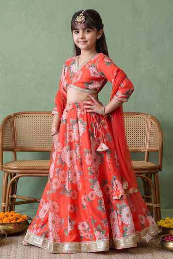 Buy Petite Pomme Red Cotton, Net, Polyester Floral Print Lehenga Set Online at Aza Fashions Buy_Petite Pomme_Red Cotton, Net, Polyester Floral Print Lehenga Set _Online_at_Aza_Fashions